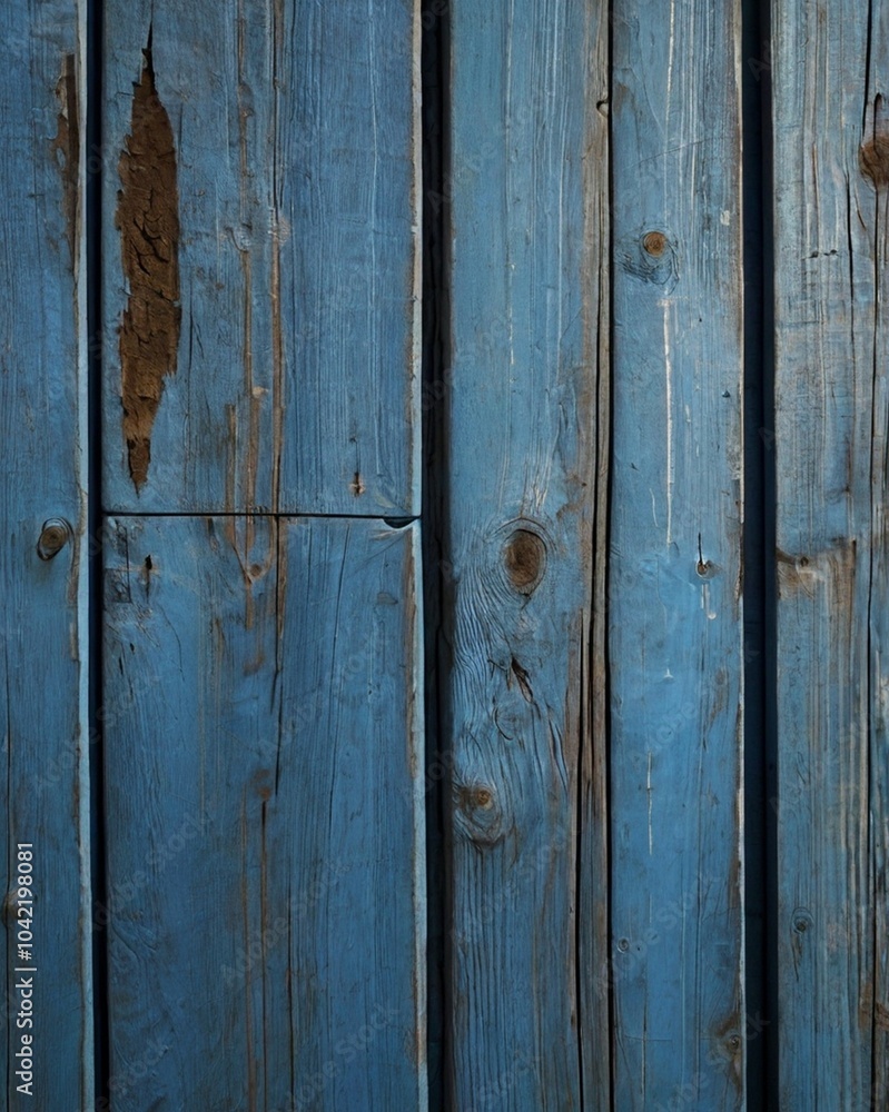 Wall mural blue wooden wall is adorned with noticeable scratches, showcasing its weathered texture. the vertica