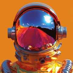 Metallic astronaut helmet with bright orange backdrop