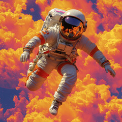 Astronaut in space suit amidst orange cloudy sky