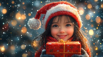 Warm Winter Scene of Children Holding a Christmas Gift with bokeh light in background. 