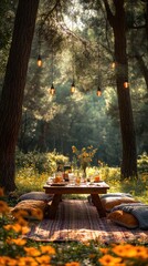 Rustic Picnic Table in a Forest Setting with String Lights -  Photo