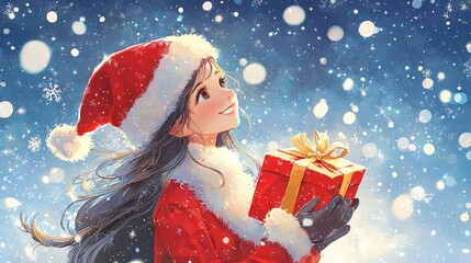 Christmas Cheer in a Snowy Wonderland: Woman with Santa hat and gifts embraces the magic of Christmas amidst a snowy backdrop. Illustration cartoon.