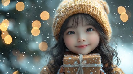 A child joyfully holds a mystical gift box on a snowy Christmas evening filled with lights

