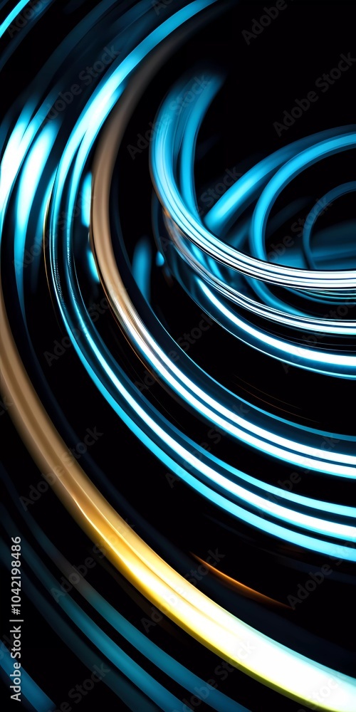 Poster fluid smooth lines intertwining on a deep black background, enriched by vibrant colors and a captiva