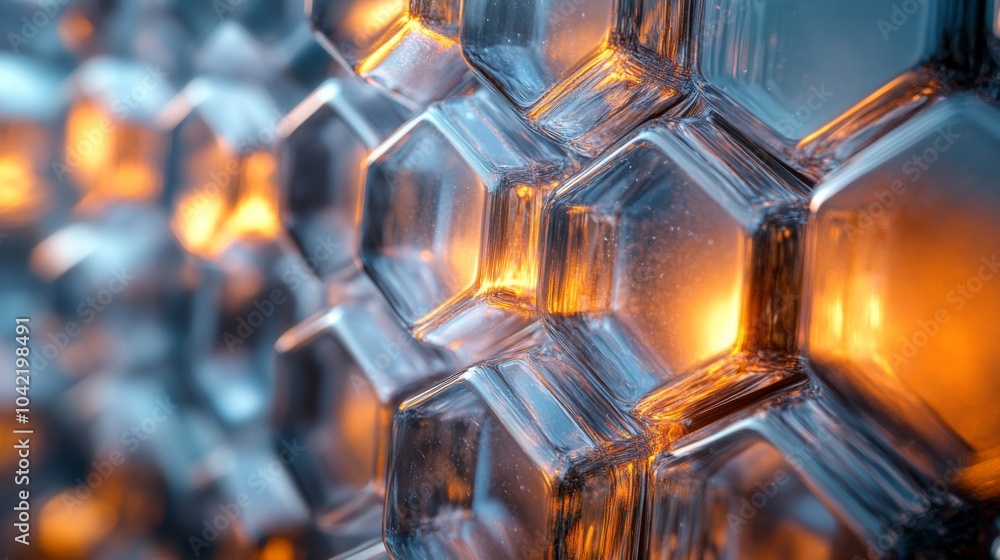 Aufkleber This close-up showcases a hexagonal glass structure that glows with warm light. The intricate patterns create captivating reflections and a unique aesthetic appeal.