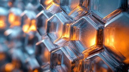 This close-up showcases a hexagonal glass structure that glows with warm light. The intricate patterns create captivating reflections and a unique aesthetic appeal.