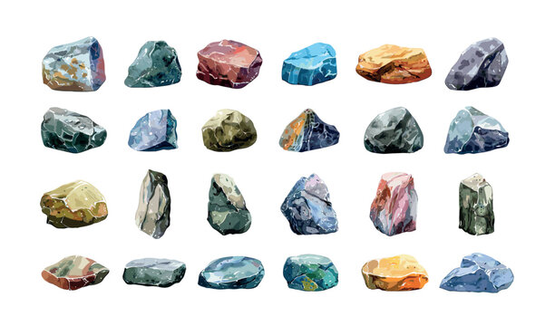 Watercolor stones vector set. Boulders manganese granite clay rocks sandstone pebbles rubble, shale quartz cobblestones minerals gravel, isolated illustrations on white background