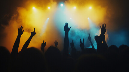 night club EDM party DJ mixing electronic music with turn table background, silhouettes of people dancing and raising their hands