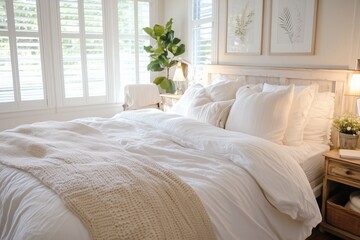 Fototapeta premium Cozy Bright Bedroom with White Bedding and Natural Decor