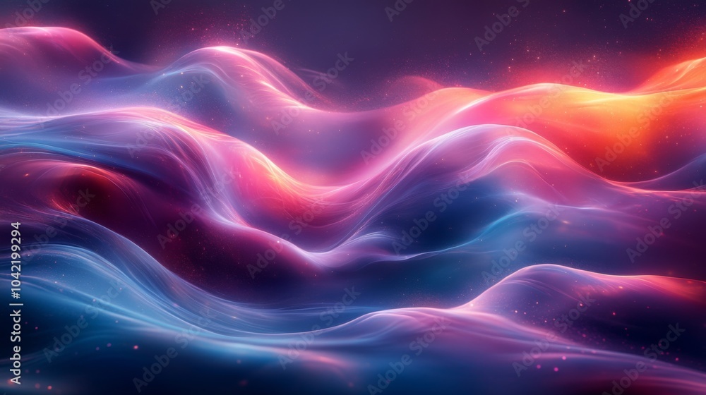 Poster bright, flowing waves of color shift through shades of pink, blue, and purple against a dark backdro