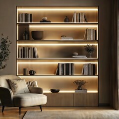 Cozy Reading Nook with LED Lighting. A cozy reading nook features a bookshelf illuminated by warm LED strip lights, creating a relaxing atmosphere.