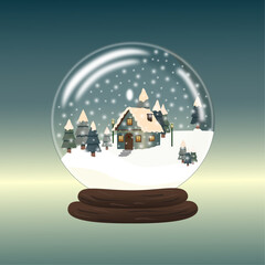 Snow globe featuring a charming blue house, glowing lanterns, and lovely fir trees blanketed in snow, with sparkling snow all around.