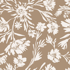 Seamless fabric fabric ink floral vector laconic brown beige ink hand drawn pattern with petals, dots, leaves, branches on dark background