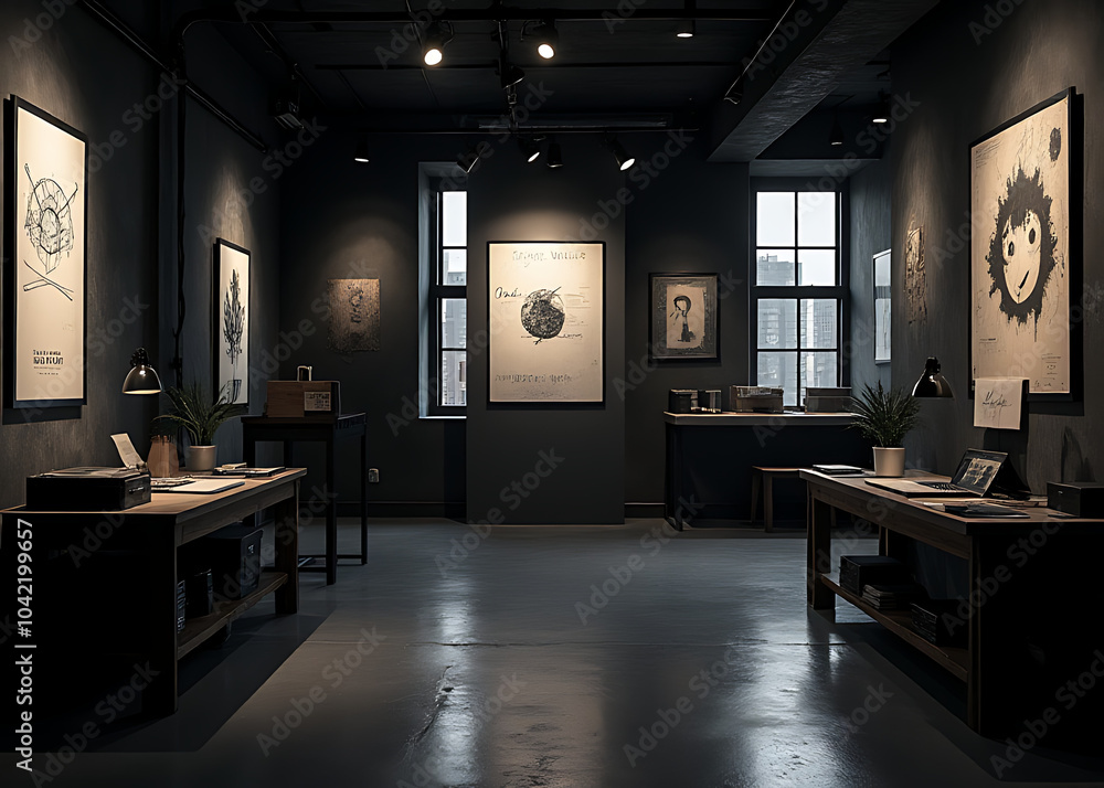 Aufkleber Dark studio space with limbo aesthetic for graphic design projects including posters banners and displays in a noir inspired atmosphere.