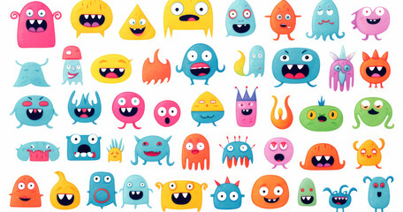 Fototapeta premium A colorful collection of playful cartoon monsters with various expressions and shapes isolated on white background, designed for fun and creativity.