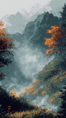Misty autumn morning in the mountains, with colorful foliage and fog covering the peaks, creating a serene and calming atmosphere for visuals.