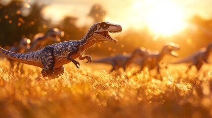 Fototapeta premium A dynamic portrayal of velociraptors hunting in a vibrant sunset. The scene captures the energy and movement of these prehistoric creatures amidst golden grass.