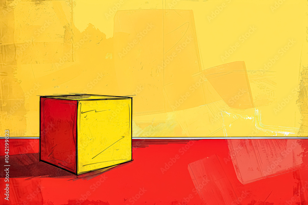 Poster red box sits on a yellow background. the box is the only object in the image. the yellow background 