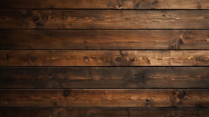 Naklejka premium rustic wooden plank wall background. Use a variety of wood tones, including rich browns and lighter hues, with visible knots and grains. Add a warm, inviting glow as if lit by soft sunlight for a cozy