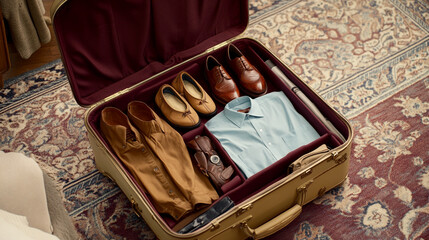 Vintage Suitcase Packed with Travel Essentials   Clothes  Shoes  Accessories