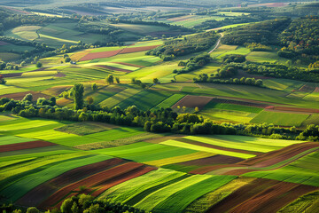 Fototapeta premium Aerial view of vibrant green and brown agricultural fields with a patchwork of crops and trees under a clear sky. The landscape showcases rolling hills and varied textures of farmland