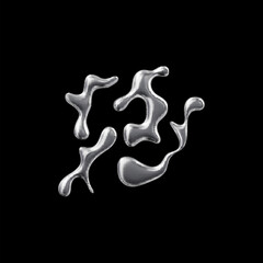 Bunch of 3D glossy chrome liquid shapes vector composition, molten drops group, metal fluid blob splash different forms