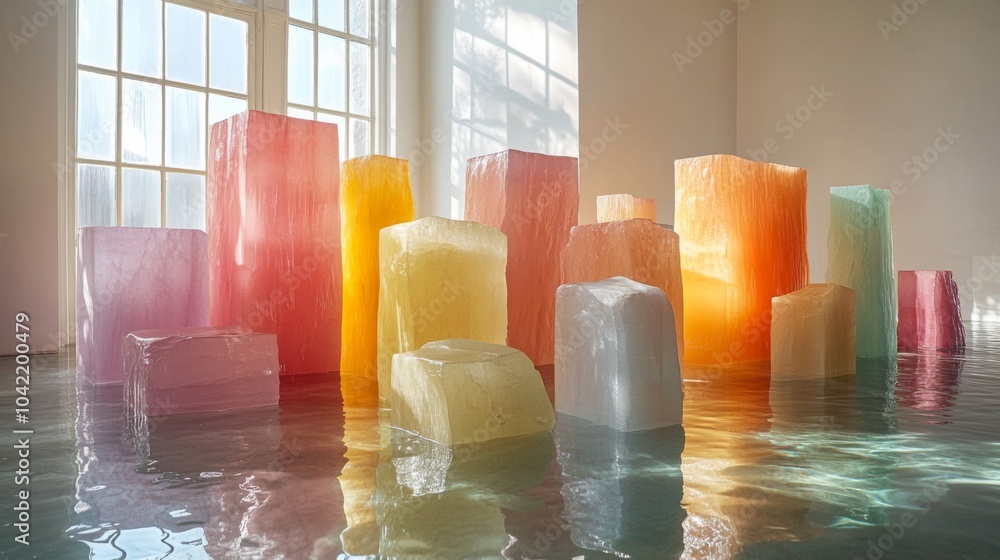 Poster a collection of large, colorful translucent sculptures stands in shallow water inside a bright galle