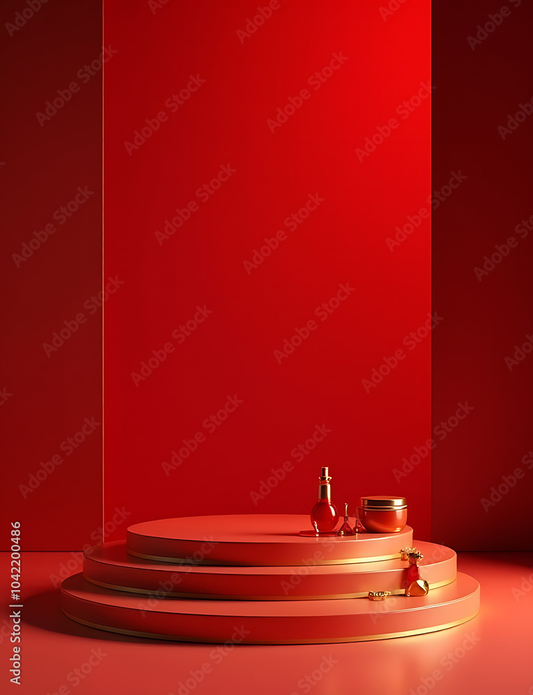 Poster Elegant red and gold podium stands alone amidst empty oriental space showcasing products with refinement and poise.