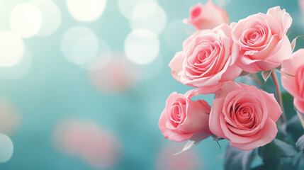 Fototapeta premium Pink roses in full bloom against a soft focus turquoise background, creating a serene and elegant floral scene with gentle lighting and bokeh effects.