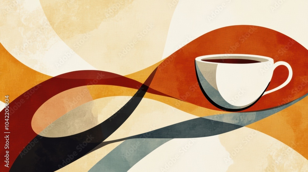 Poster A warm color palette showcases simple spoon and cup shapes, creating an inviting atmosphere suitable for breakfast or tea time. Generative AI