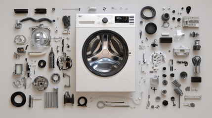Disassembled Washing Machine Parts and Components on White Background