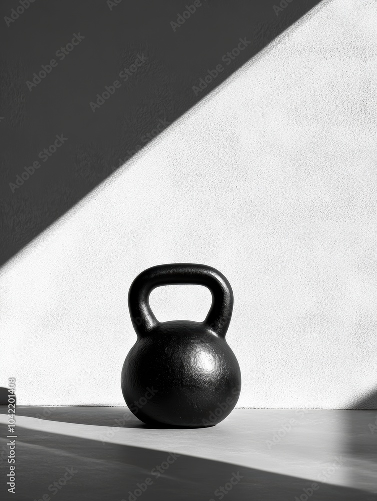 Poster the black kettlebell rests on a wooden floor, casting a strong shadow in a minimalistic exercise env