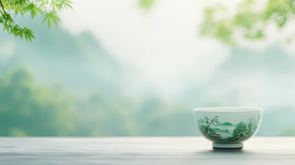 A serene tea cup with nature-themed design sits on a wooden table, surrounded by a tranquil, misty landscape with lush greenery and mountains.