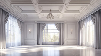 Fototapeta premium Spacious White Room with Large Windows Curtains and Chandelier for Interior Design