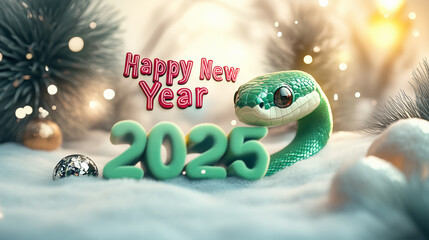 Happy new year 2025 greeting card with green snake