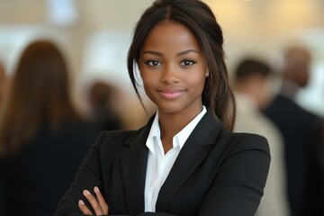 Obraz premium A confident young woman in a black blazer stands with her arms crossed, wearing a slight smile