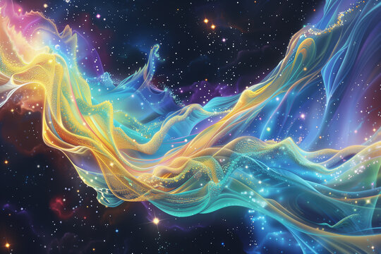 A vibrant abstract representation of cosmic waves, featuring flowing colors of blue, orange, and purple against a starry background. The image conveys a sense of movement and depth, resembling the bea