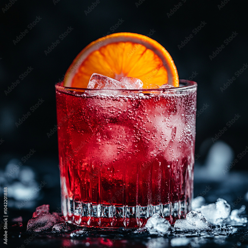 Poster a refreshing red drink with ice and vibrant orange slice on top, perfect for summer day. bubbles and