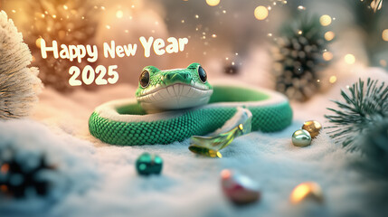 New year 2025 card with green snake