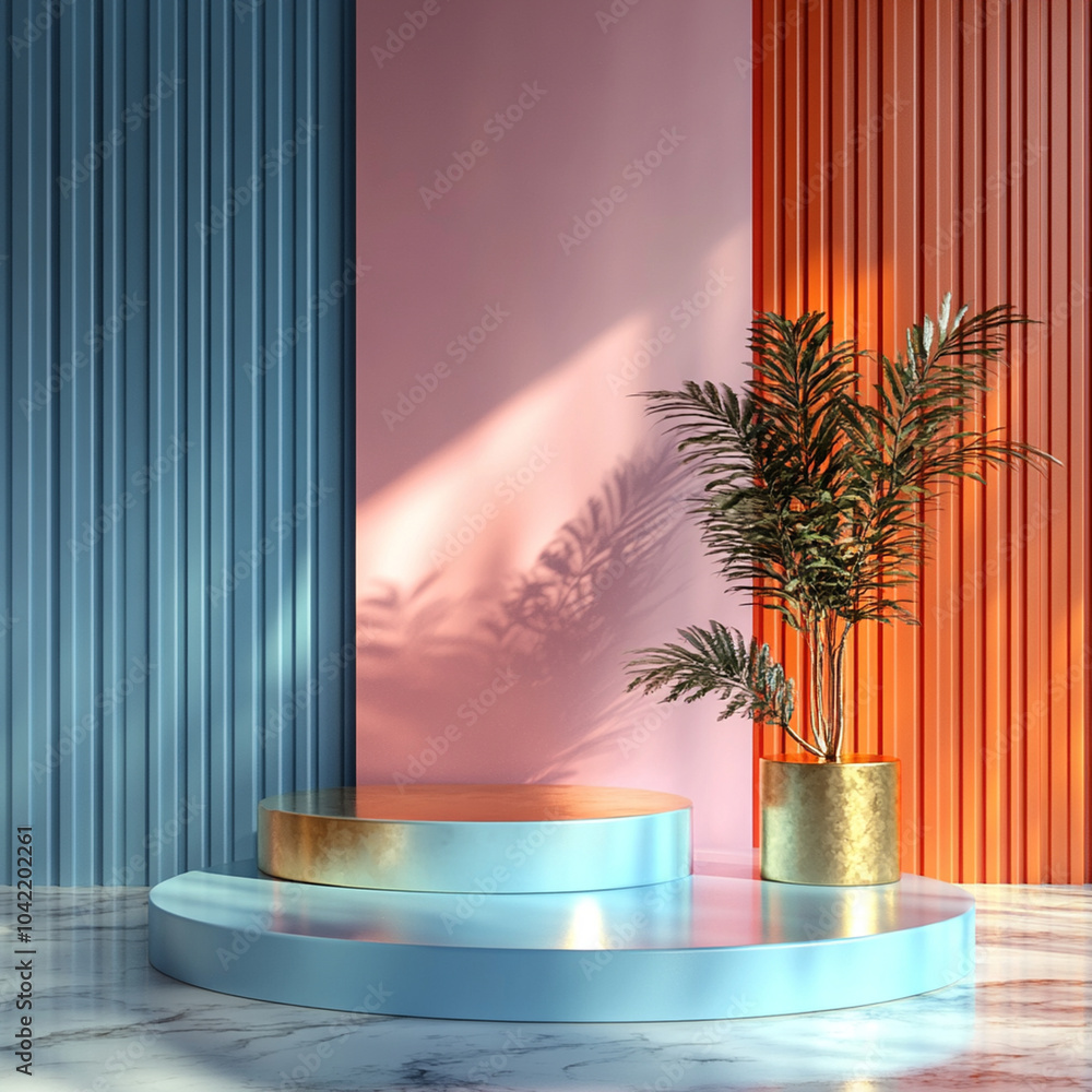 Poster a modern podium stand with an abstract background featuring vibrant colors and stylish plant. this s