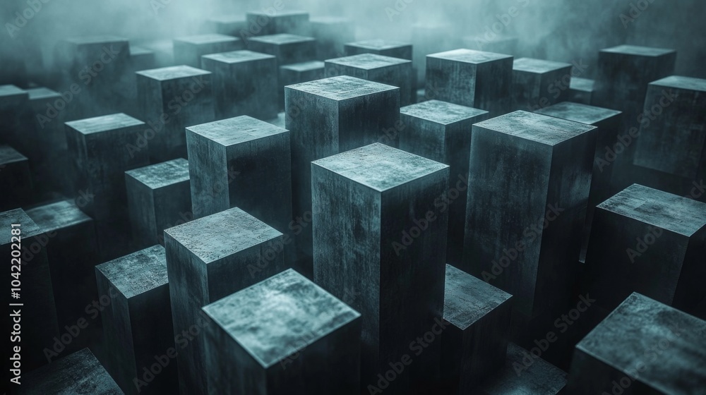 Aufkleber A collection of tall, rectangular blocks emerges from a misty terrain, creating a mysterious atmosphere. The structures reflect faint light, enhancing the ethereal scene.