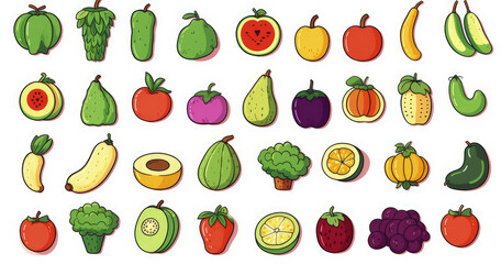Obraz premium A colorful assortment of fruits and vegetables illustrated in a playful style isolated on white background.