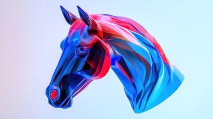 A vibrant, abstract, blue and red horse head sculpture.