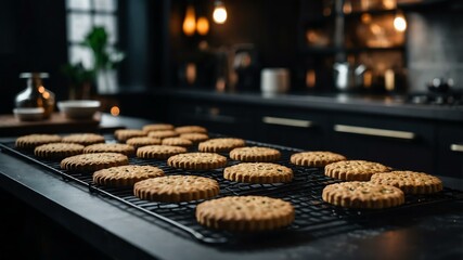 Aesthetic preparation of savory biscuits on a black themed kitchen. bokeh style.