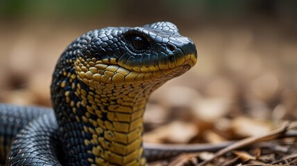 Fototapeta premium A close-up of a black and yellow snake with its head tilted slightly to the side, looking towards the viewer with intense eyes.