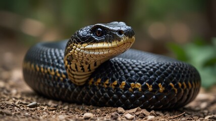 Close-up of a black and yellow snake with a dark background, coiled on the ground, with its head raised and looking to the right.