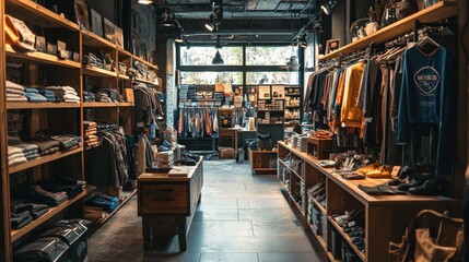 Fototapeta premium Cozy and stylish clothing store interior with wooden shelves