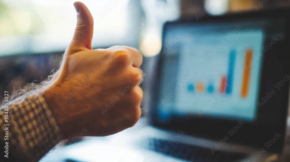 Poster a hand with a thumbs up gesture in front of a laptop screen with a graph showing positive results.