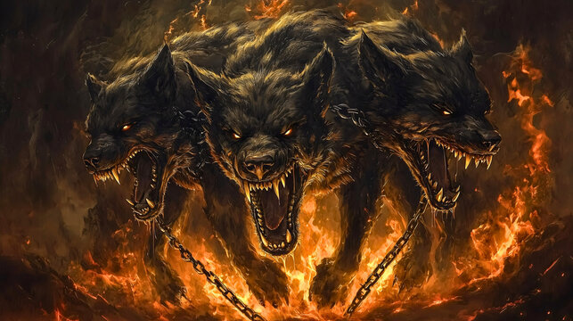 Cerberus, the hellish three-headed dog from ancient mythology, is a fearsome creature that guards the fires of hell and watches over all souls. This uncontrollable beast embodies terror.