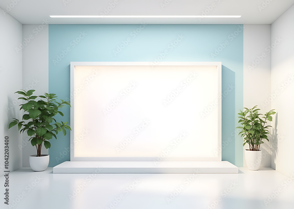 Poster Isolated studio room features 3D display for generative AI in a summer background with a simple white background setup.